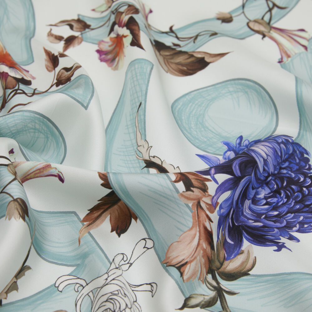Turquoise Flower Magic Patterned Twill Silk Square Scarf - Vismara