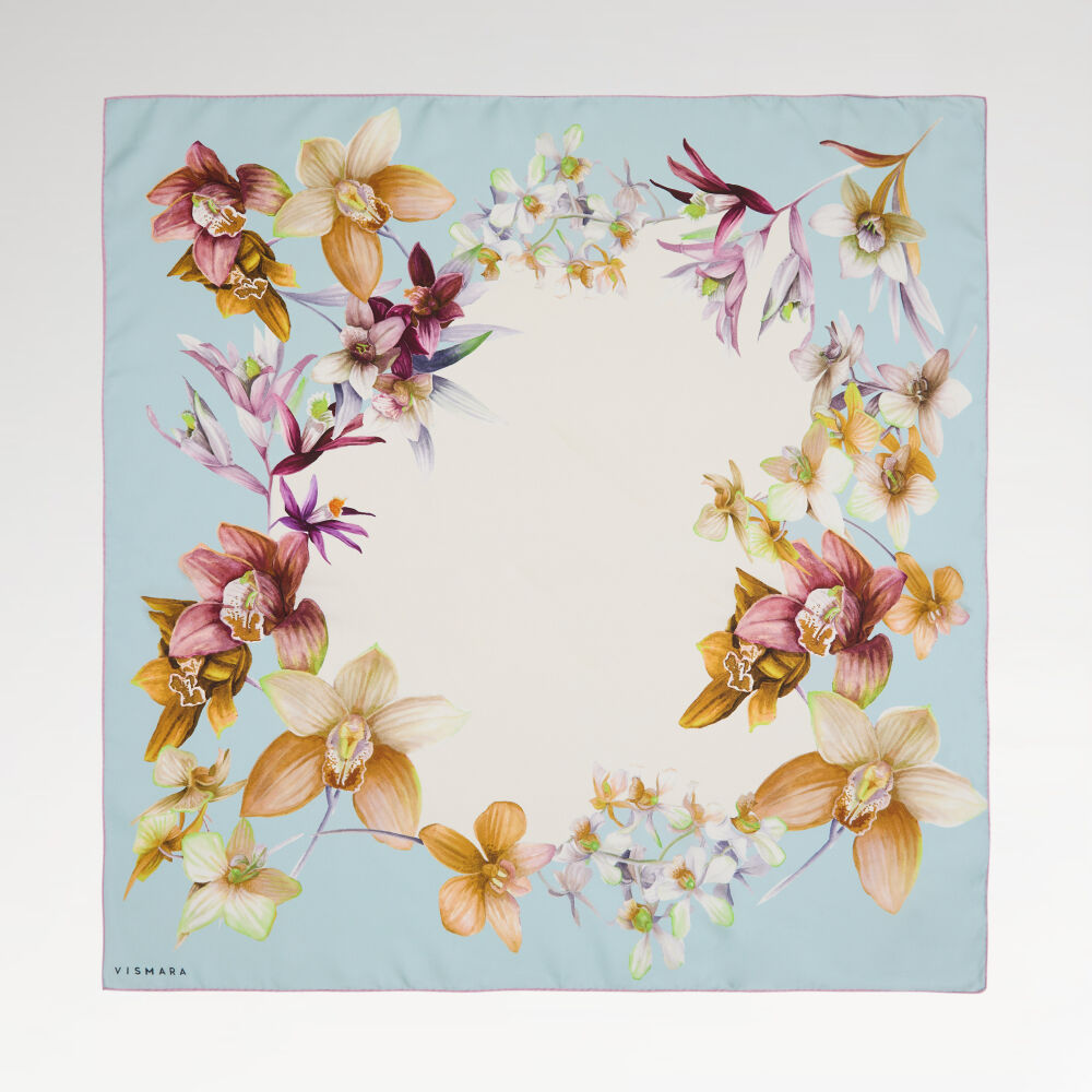 Turquoise Orchid Flower Patterned Twill Silk Square Scarf