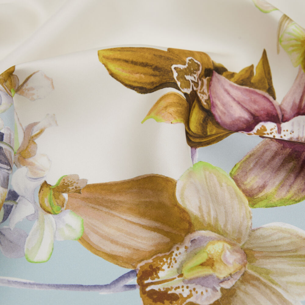 Turquoise Orchid Flower Patterned Twill Silk Square Scarf - Vismara
