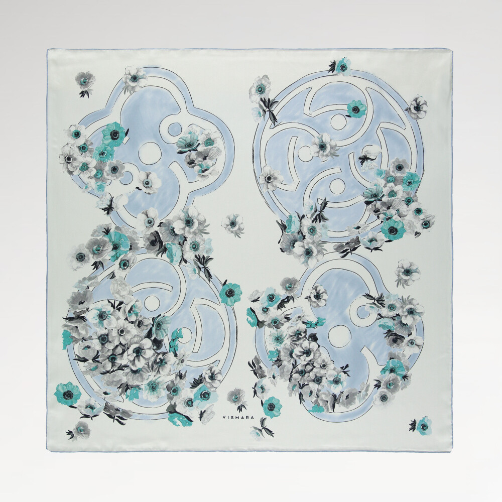 Turquoise Primavera Pattern Twill Silk Square Scarf