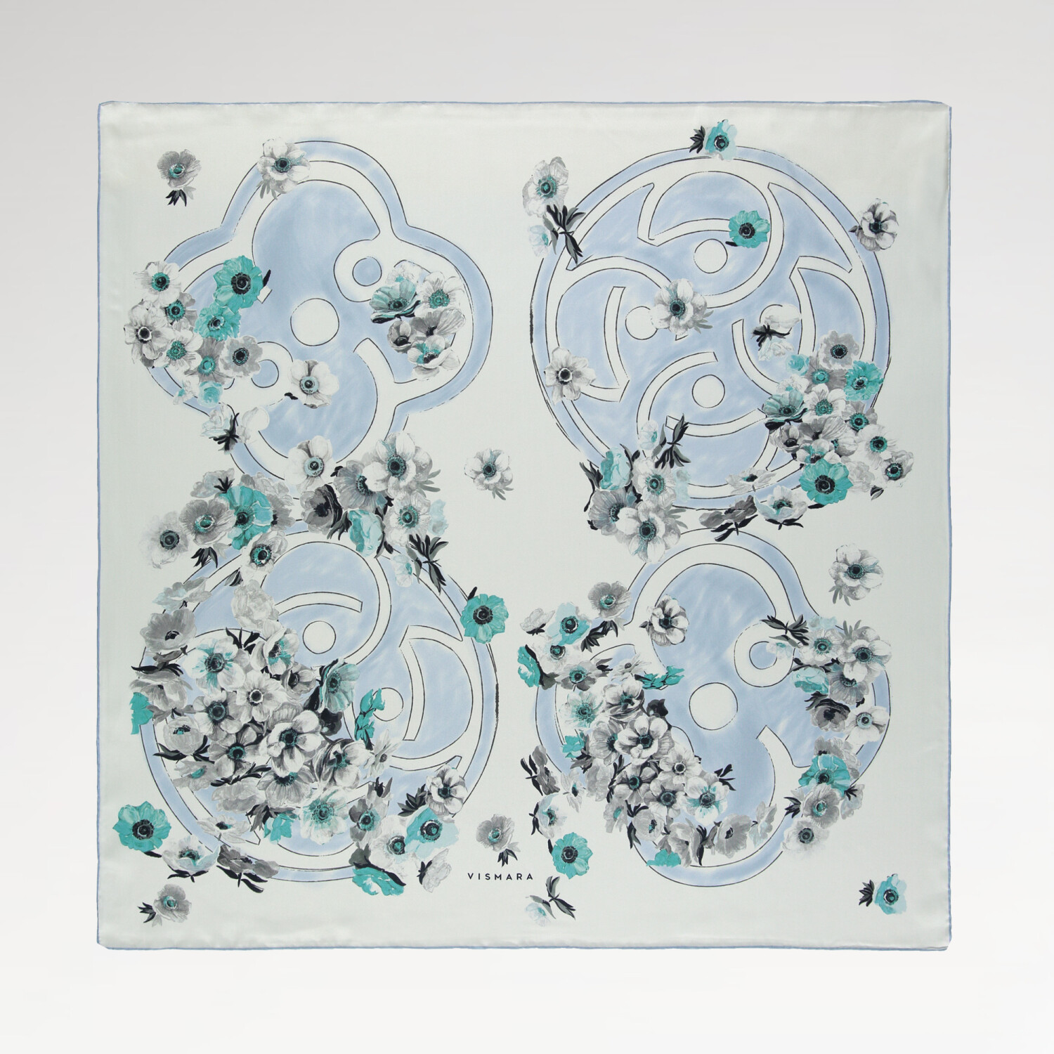 Turquoise Primavera Pattern Twill Silk Square Scarf - 1