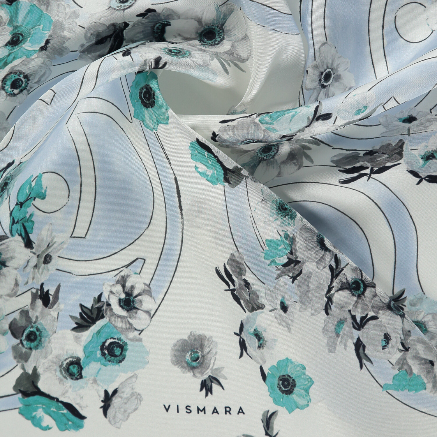 Turquoise Primavera Pattern Twill Silk Square Scarf - 2