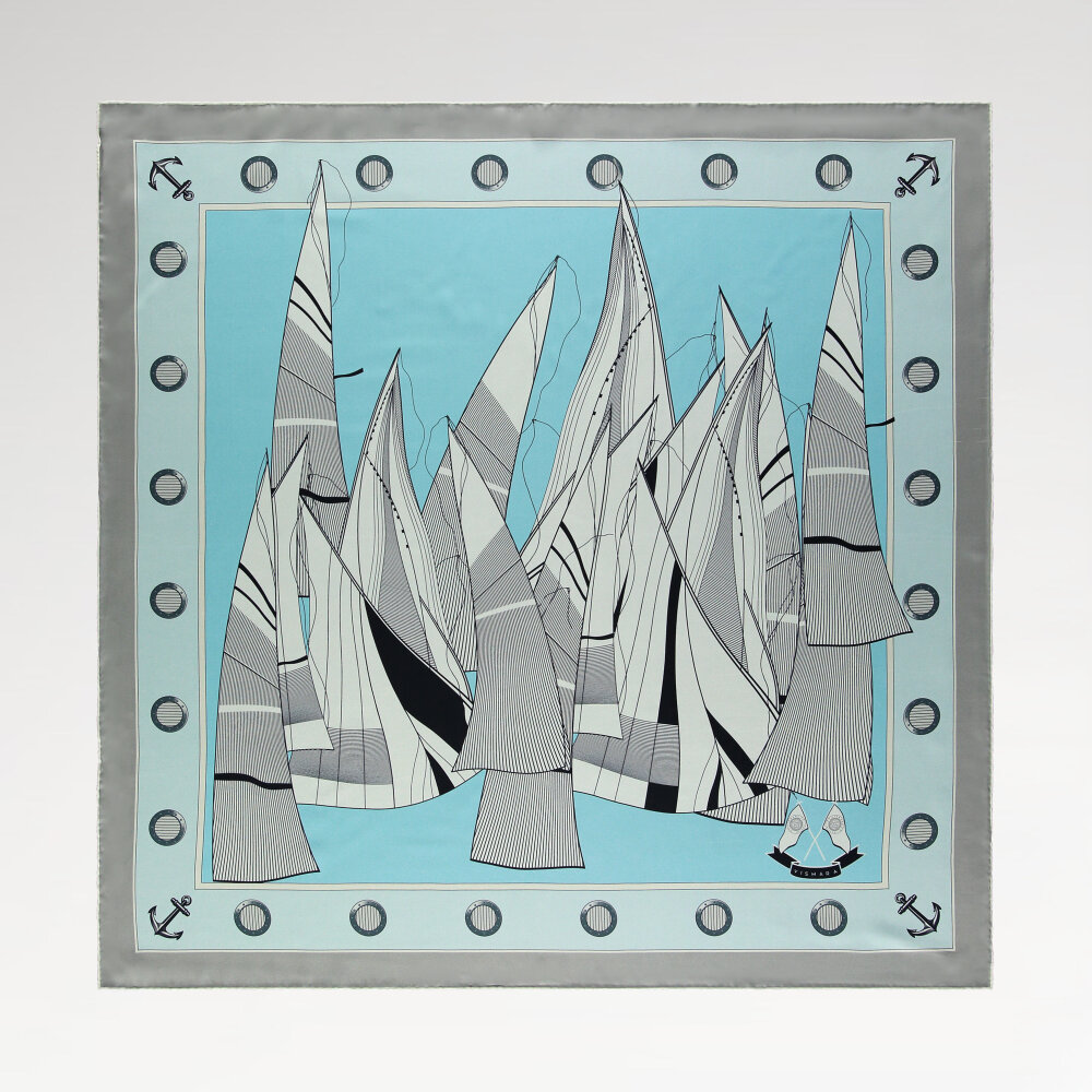 Turquoise Sail Patterned Silk Square Scarf - 1