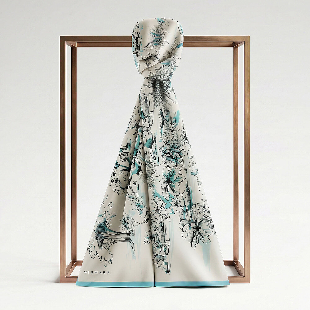 Turquoise Toile Garden Pattern Silk Scarf - 1