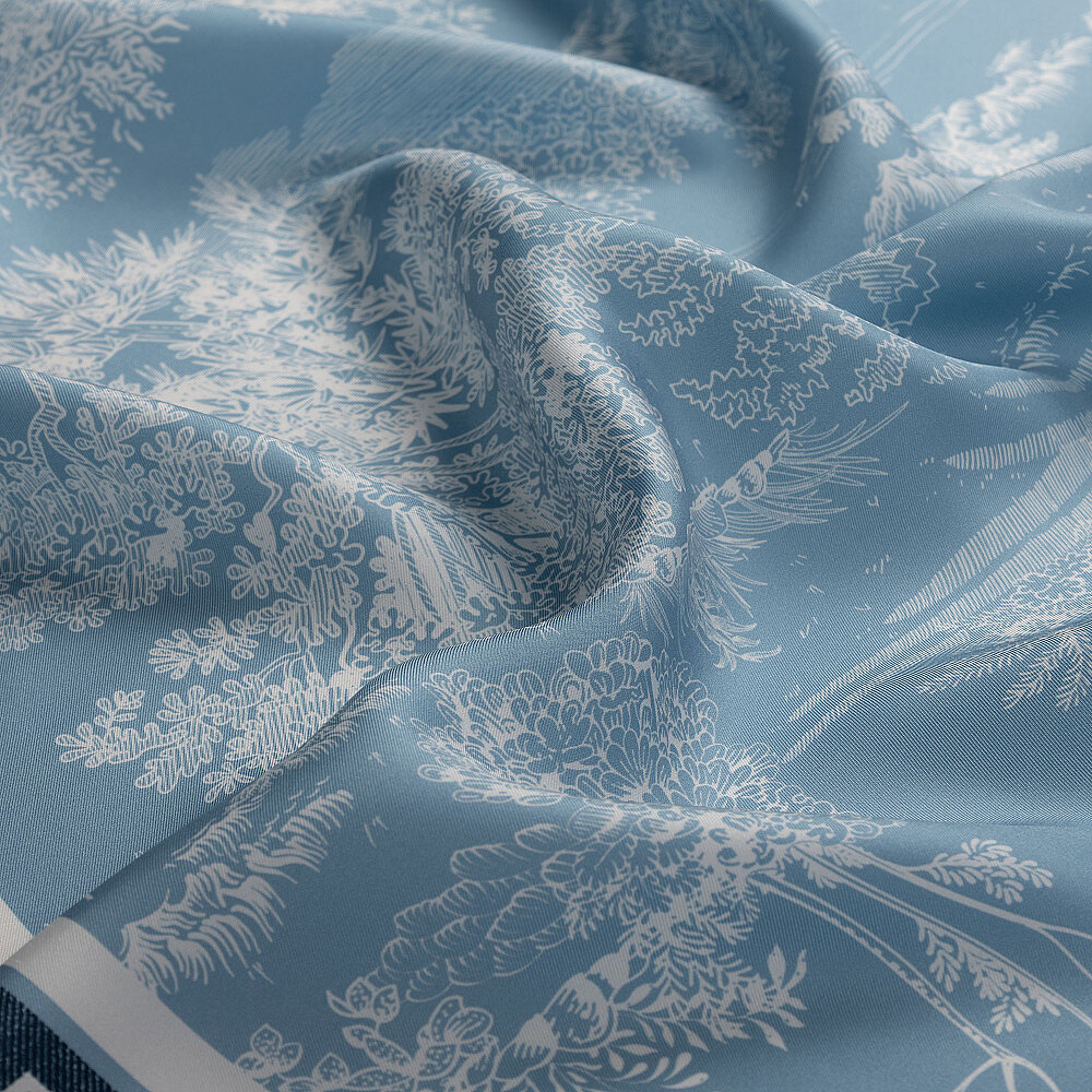 Turquoise Toile Garden Pattern Twill Silk Square Scarf - 2