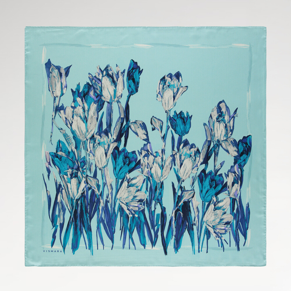 Turquoise Tulip Garden Pattern Twill Silk Square Scarf
