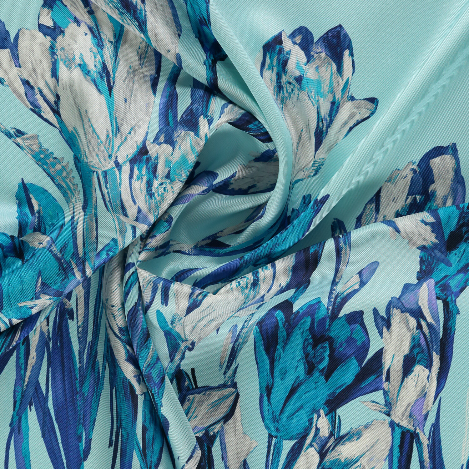 Turquoise Tulip Garden Pattern Twill Silk Square Scarf - 2
