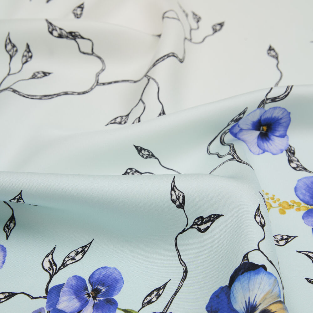 Turquoise Violet Flower Patterned Twill Silk Square Scarf - Vismara