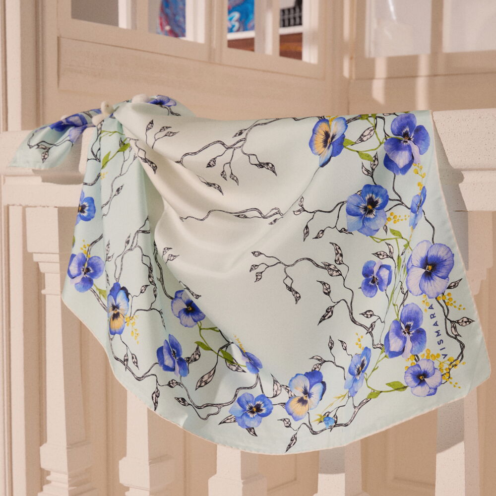 Turquoise Violet Flower Patterned Twill Silk Square Scarf - Vismara