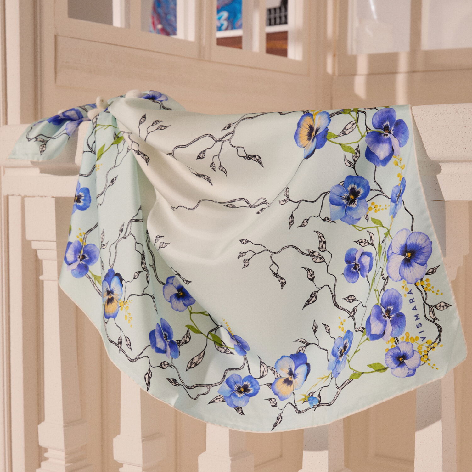 Turquoise Violet Flower Patterned Twill Silk Square Scarf - 3
