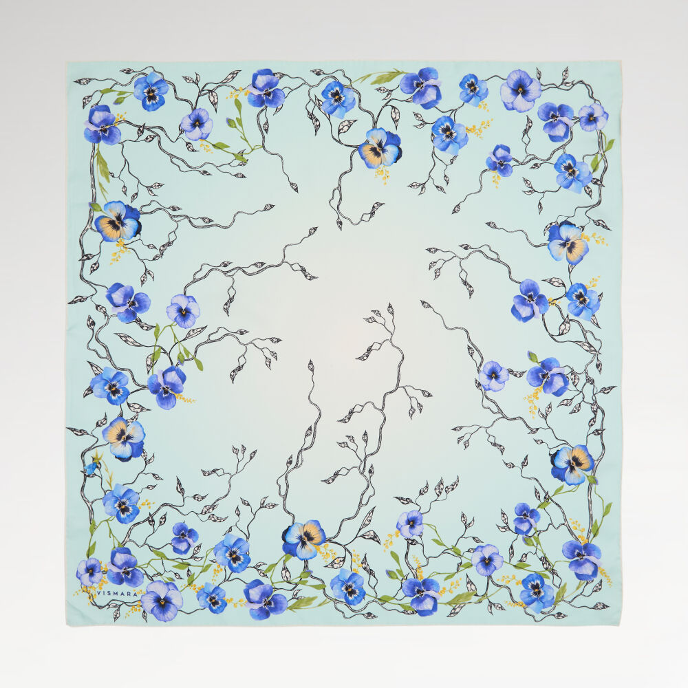 Turquoise Violet Flower Patterned Twill Silk Square Scarf