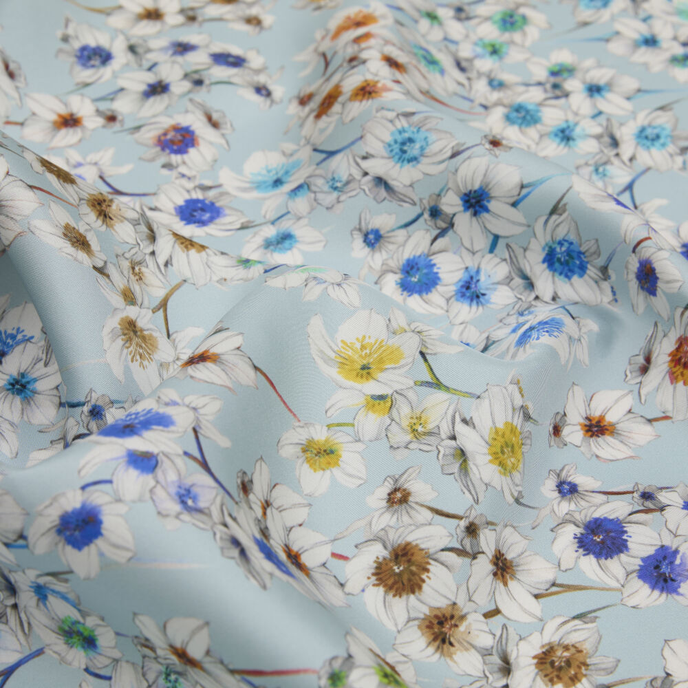 Turquoise Watercolour Floral Pattern Twill Silk Square Scarf - Vismara