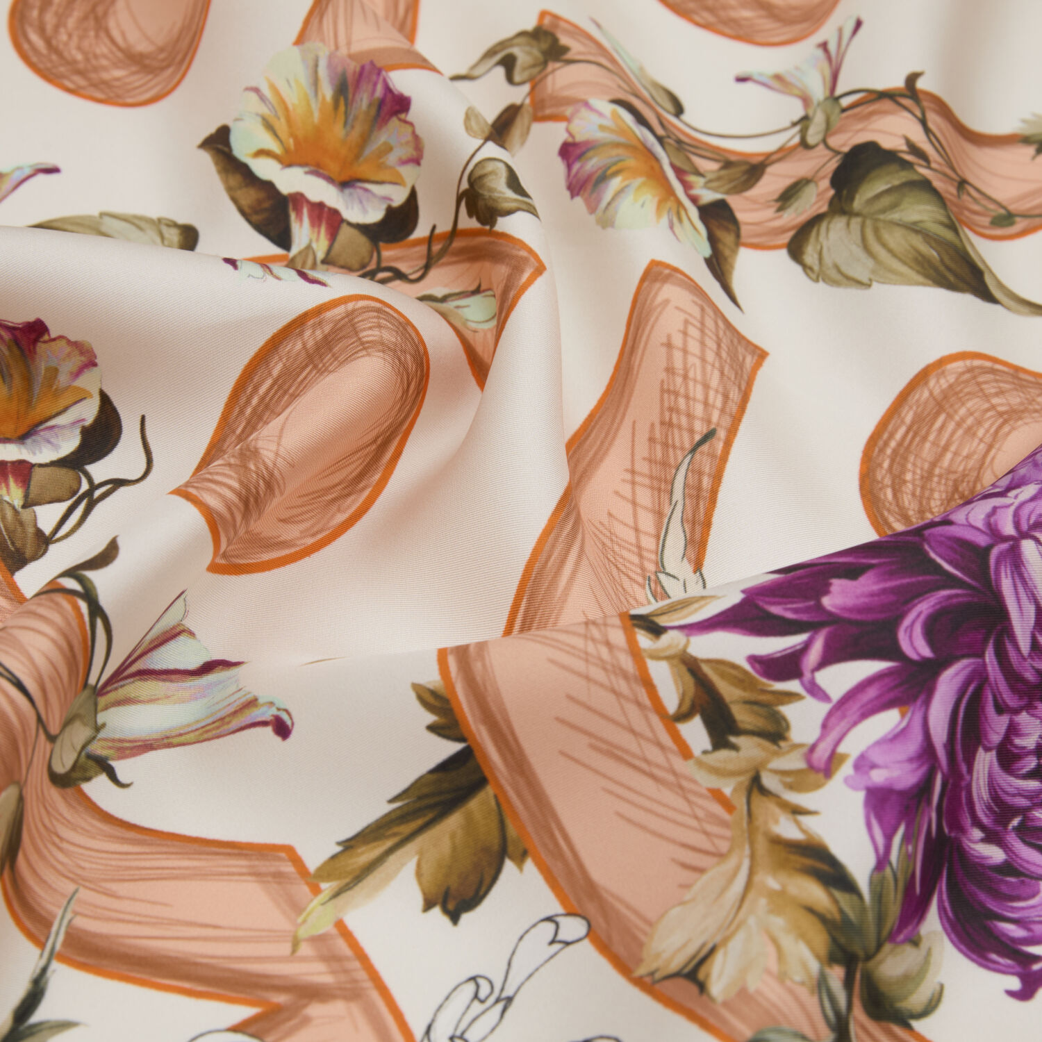 Turuncu Çiçeklerin Büyüsü Desenli Twill İpek Eşarp - 2