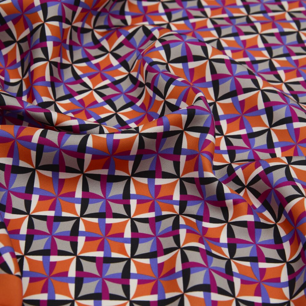 Turuncu Diamond Line Retro Desen Twill İpek Eşarp - Vismara