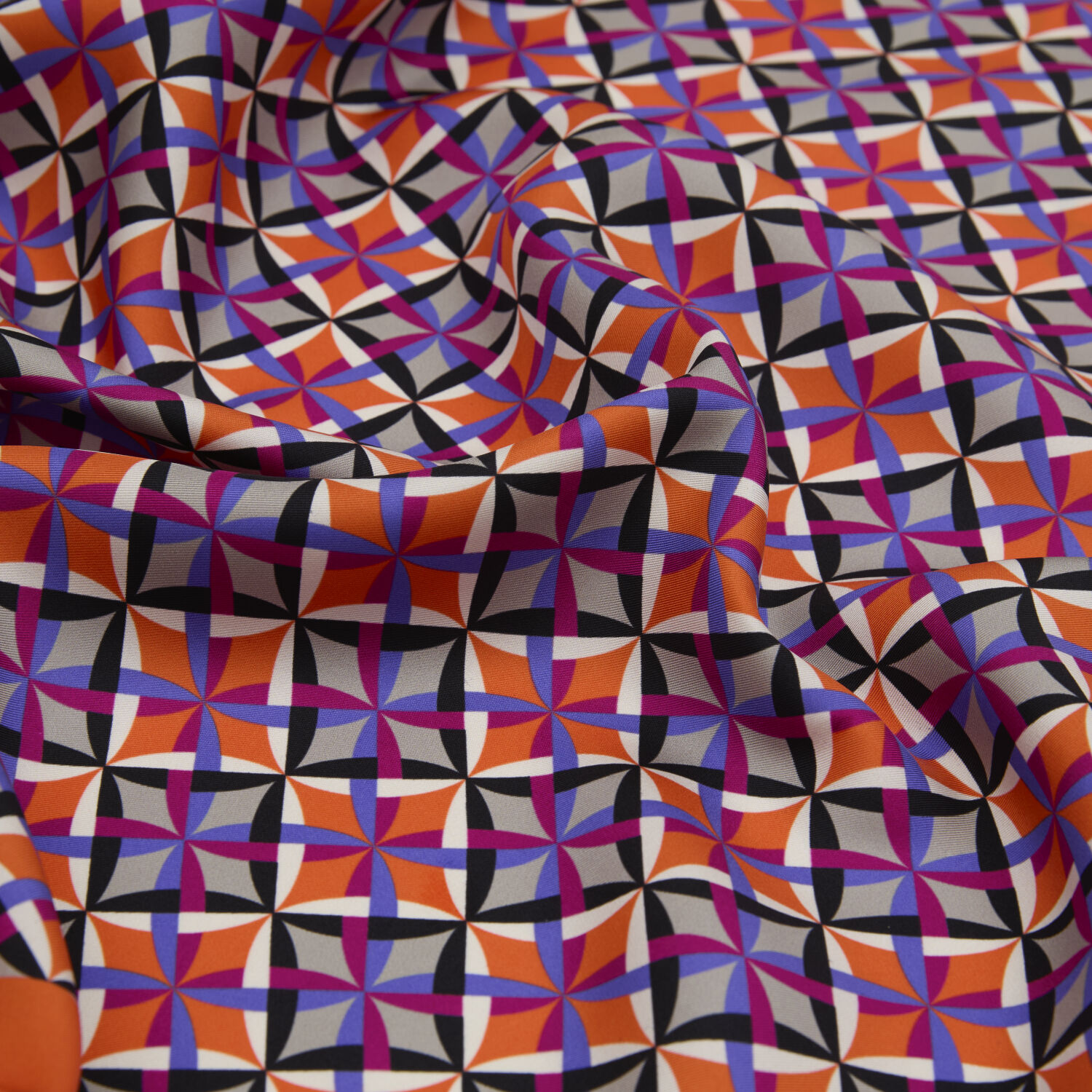 Turuncu Diamond Line Retro Desen Twill İpek Eşarp - 2