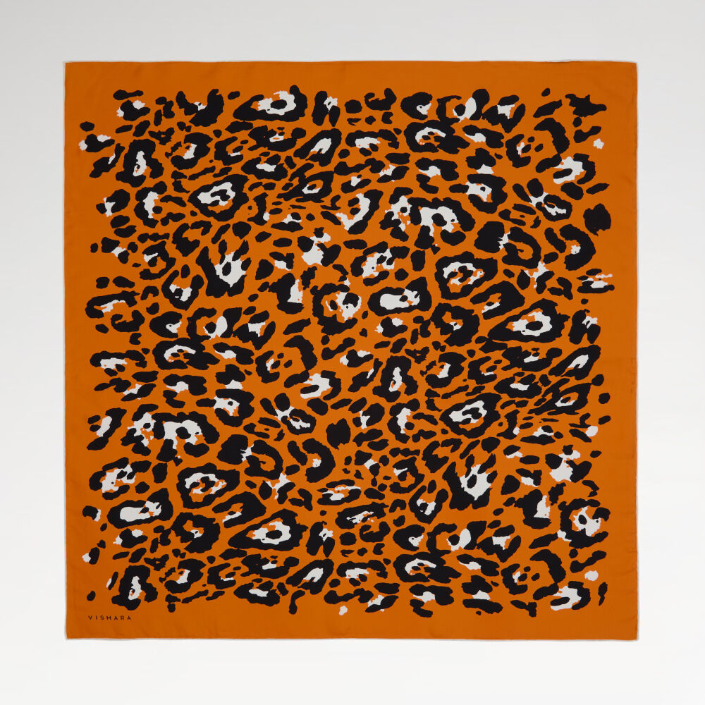 Turuncu Modern Leopar Desenli Twill İpek Eşarp