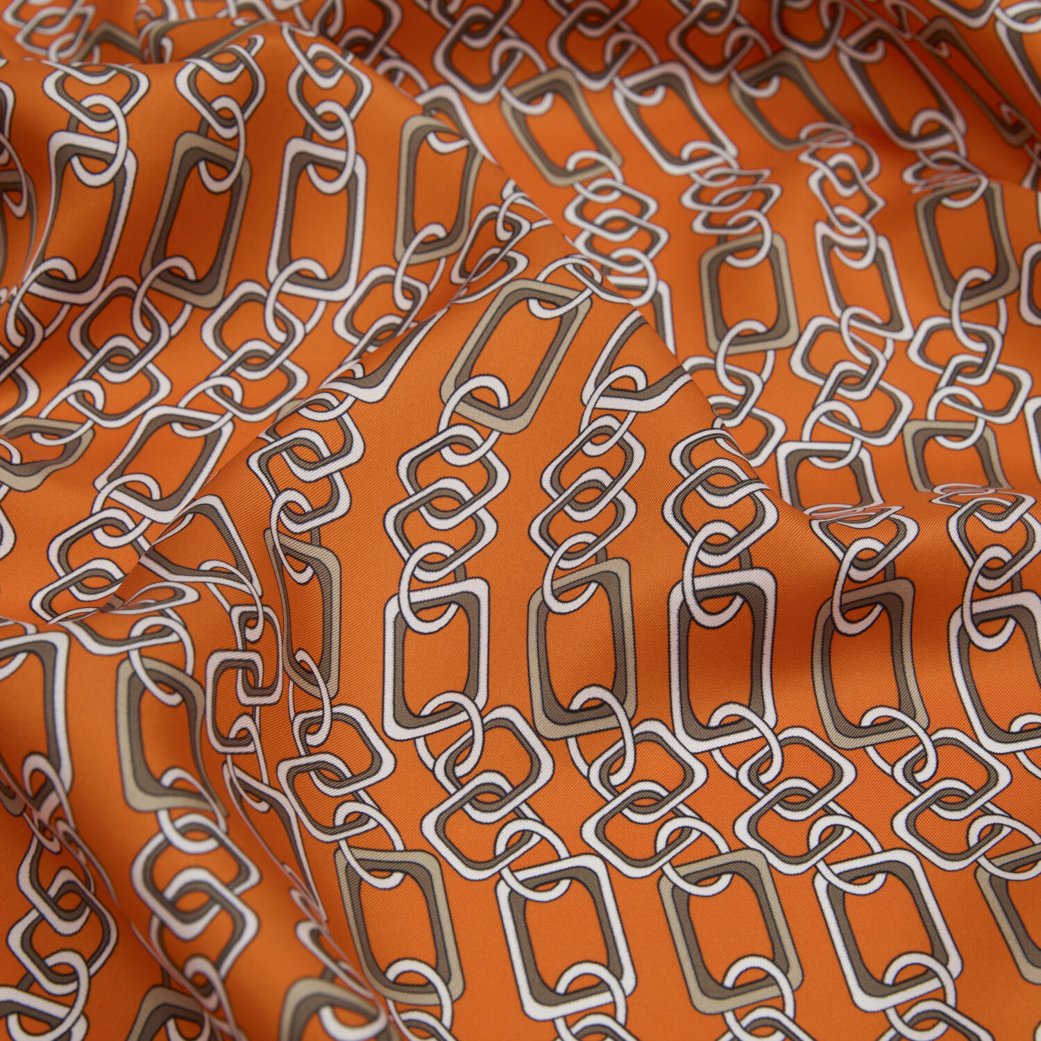 Turuncu Modern Zincir Desen Twill İpek Eşarp - 2