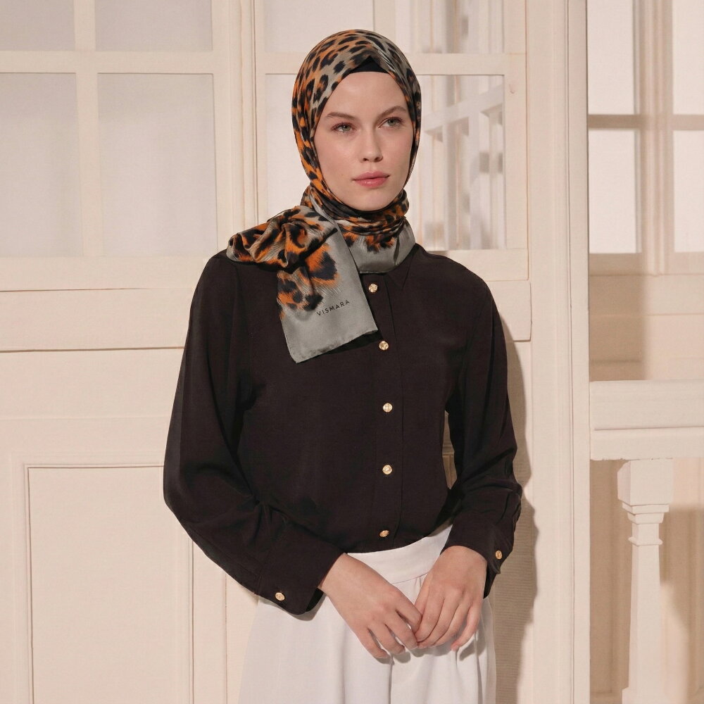 Turuncu Natural Leopar Desen Twill İpek Eşarp - 3