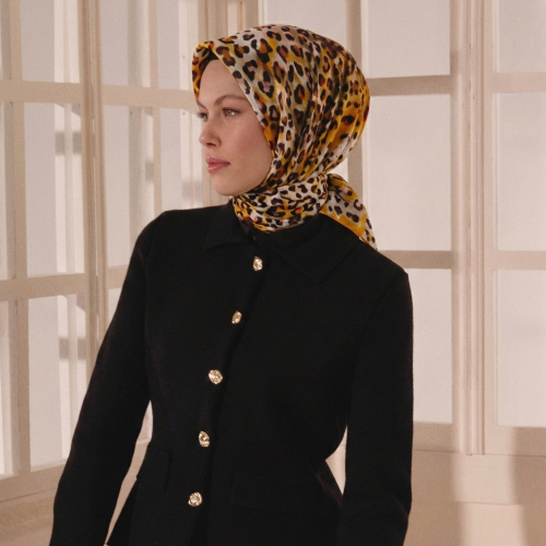 Turuncu Sanatsal Leopar Desenli Twill İpek Eşarp - Vismara