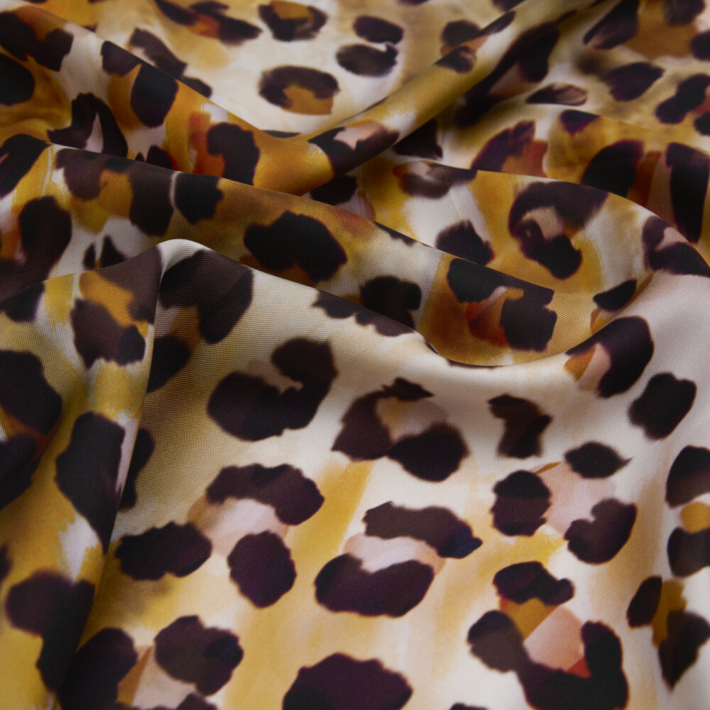 Turuncu Sanatsal Leopar Desenli Twill İpek Eşarp - Vismara