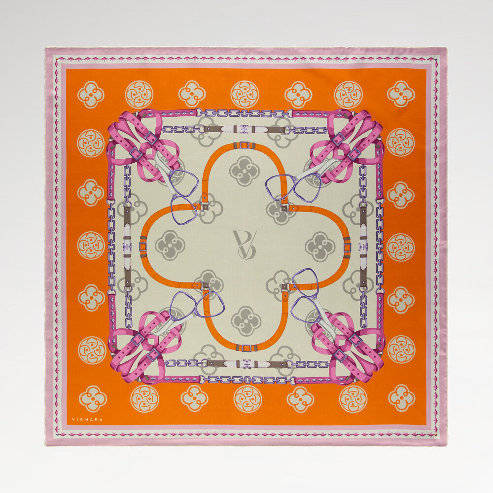 Turuncu Vismara Monogram Zincir Desenli İpek Eşarp - 1