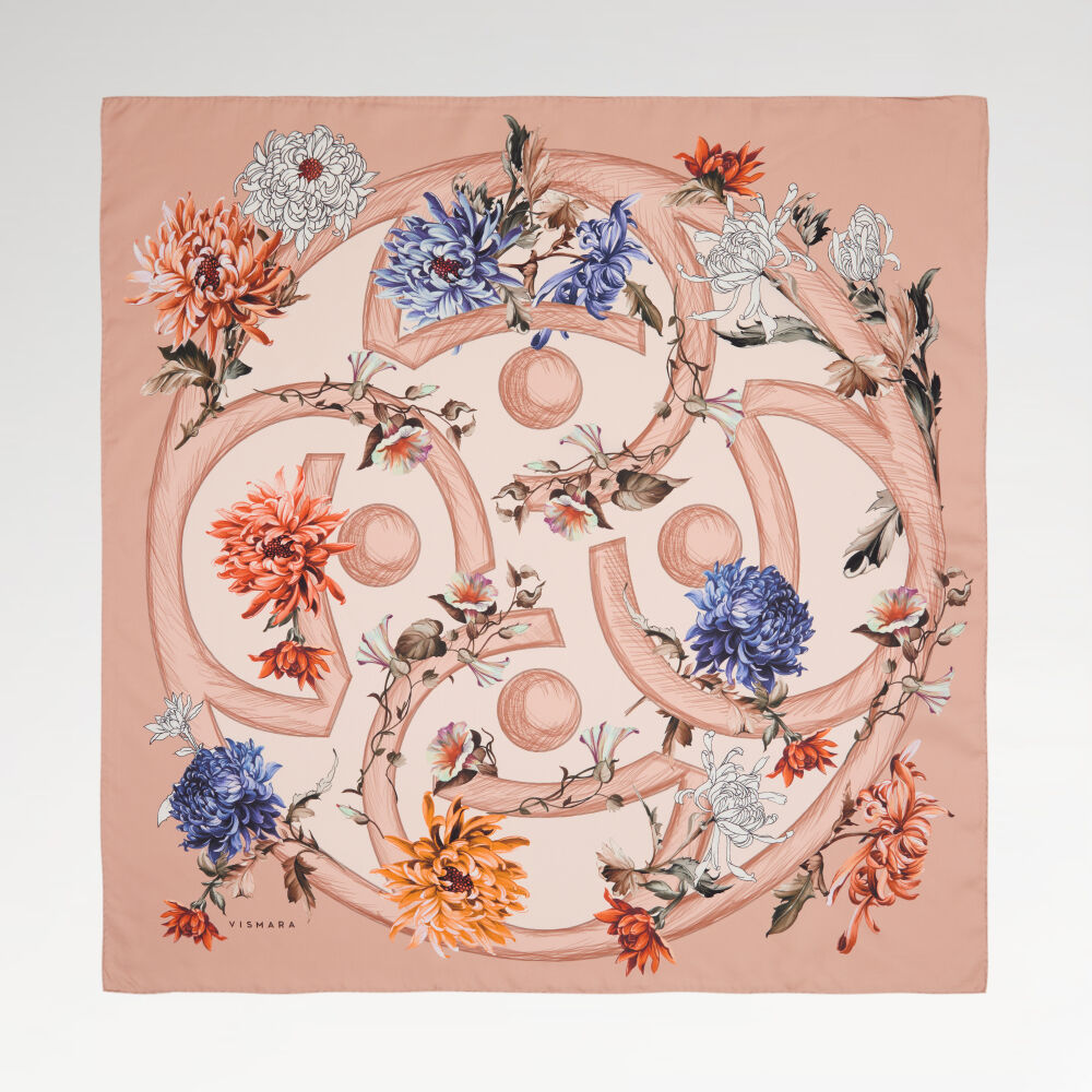 Twill Silk Square Scarf with Coral Flower Magic Pattern