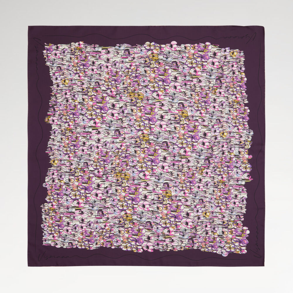 Twill Silk Square Scarf with Damson Spring Flowers Pattern