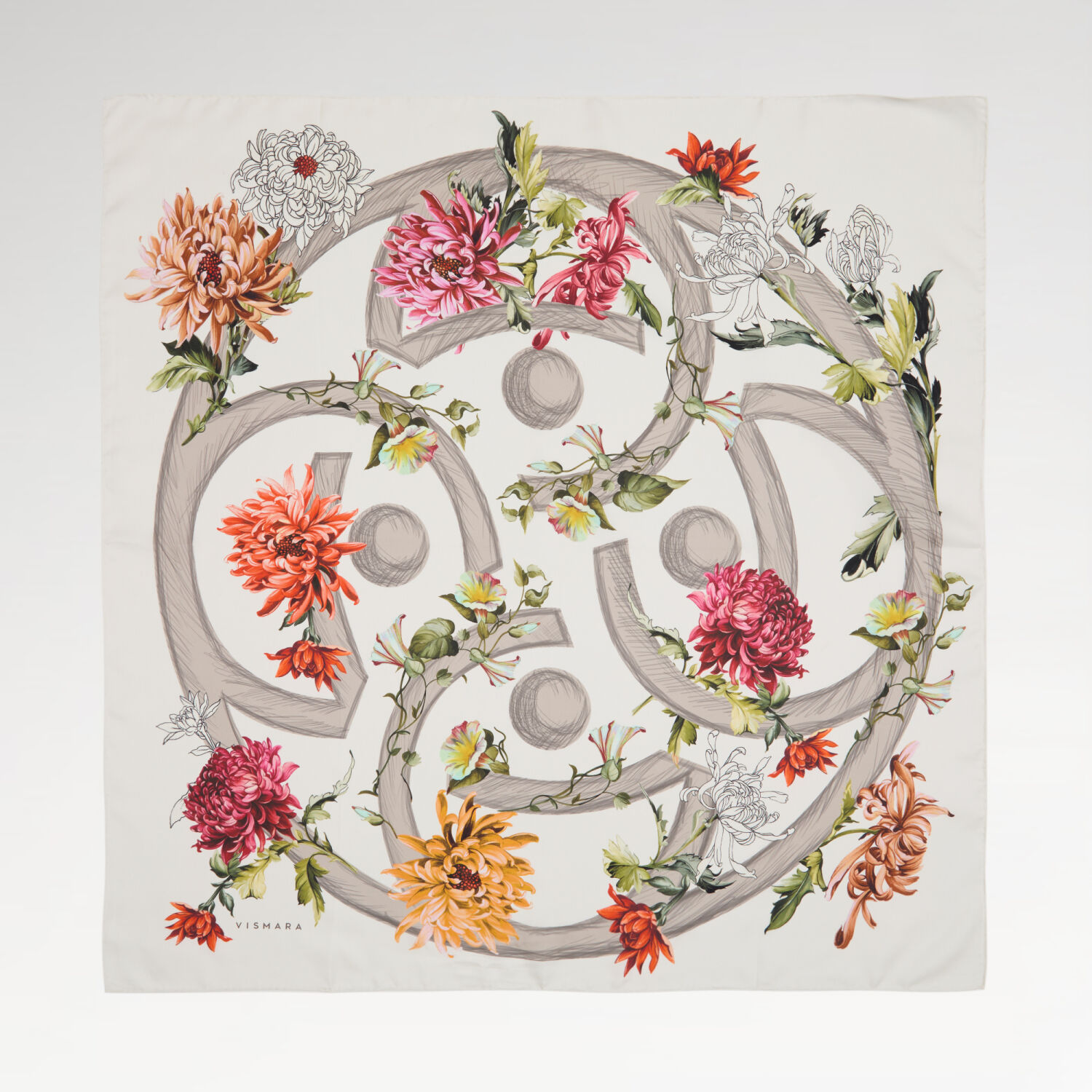 Twill Silk Square Scarf with White Flower Magic Pattern - 1