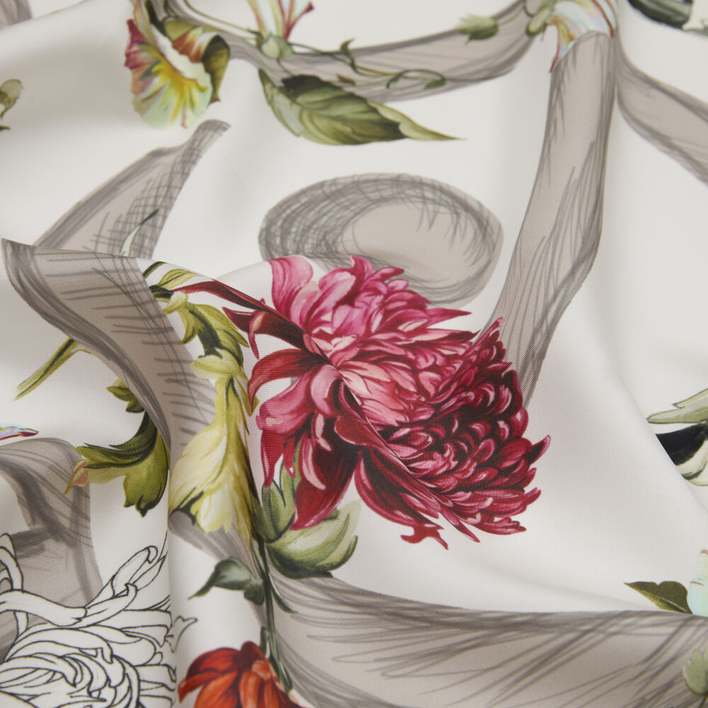 Twill Silk Square Scarf with White Flower Magic Pattern - Vismara