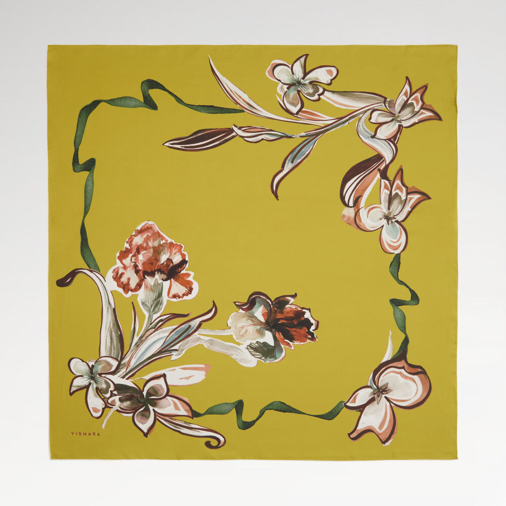 Twill Silk Square Scarf with Yellow Carnation and Lily Flower Pattern