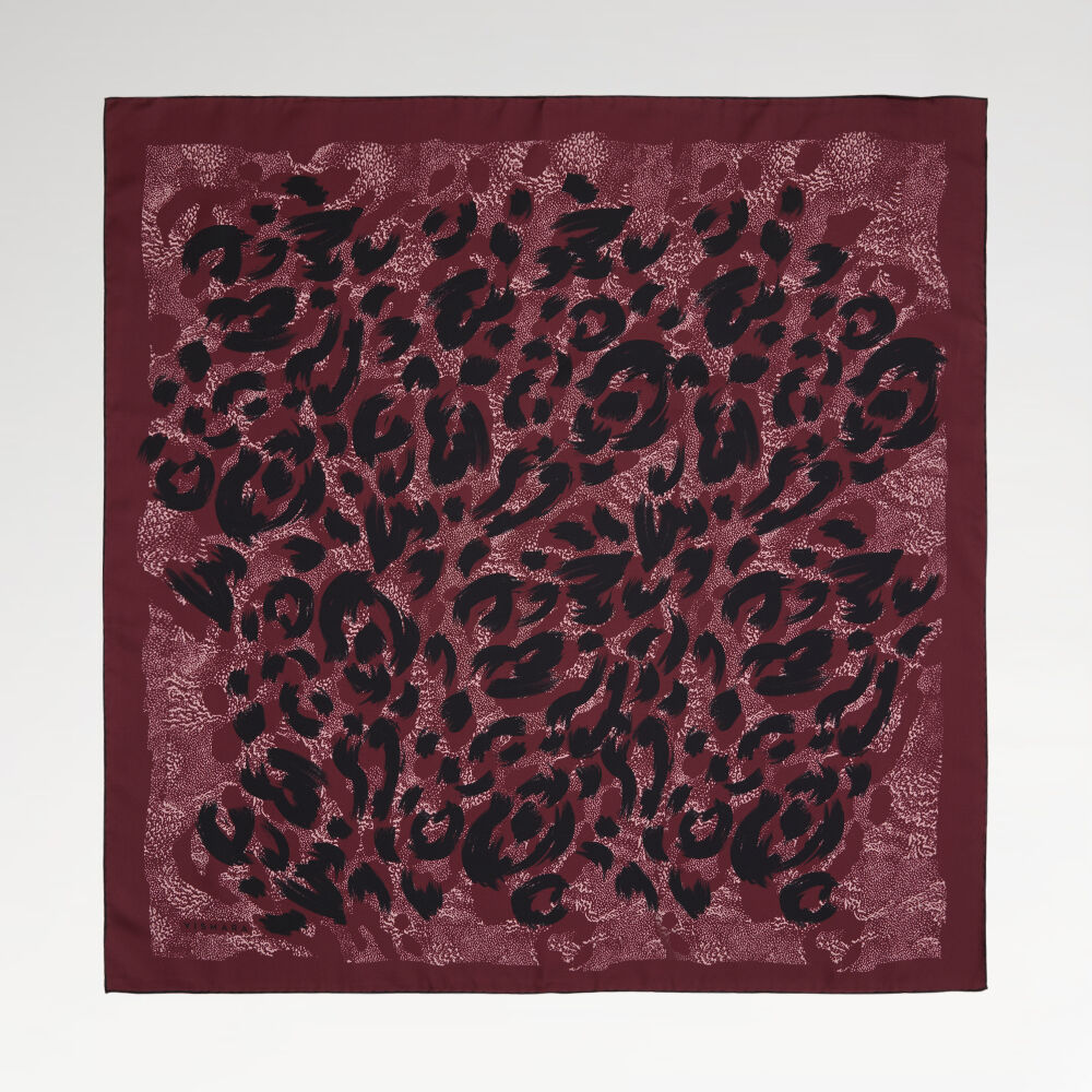 Vişne Leopar Desenli Twill İpek Eşarp