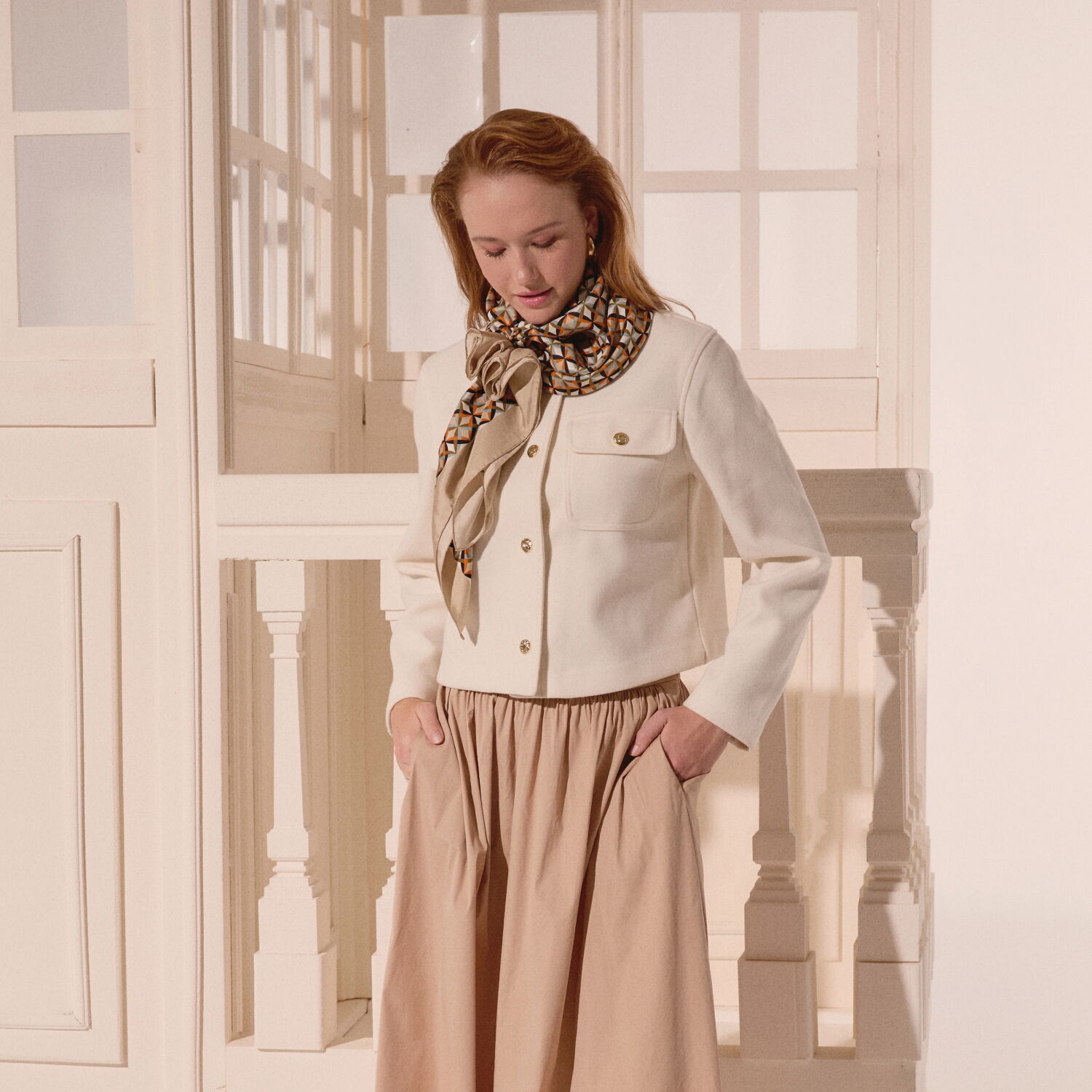 Vizon Diamond Line Retro Desen Twill İpek Eşarp - 5