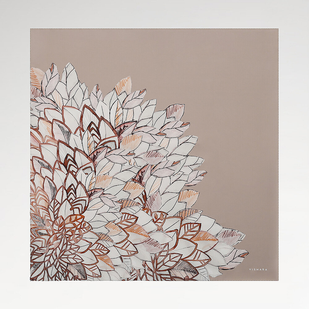 Vizon Floral Yaprak Desenli Twill İpek Eşarp - 1