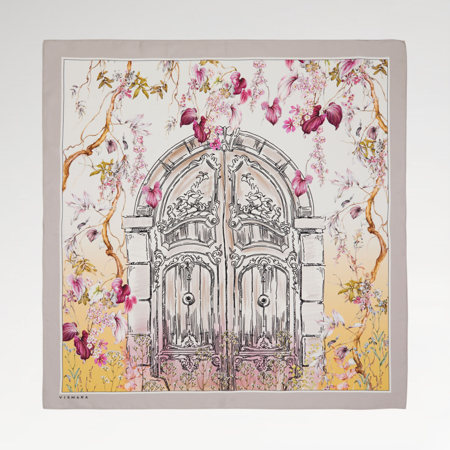 Vizon Vintage Çiçekli Kapı Desenli Twill İpek Eşarp - 1