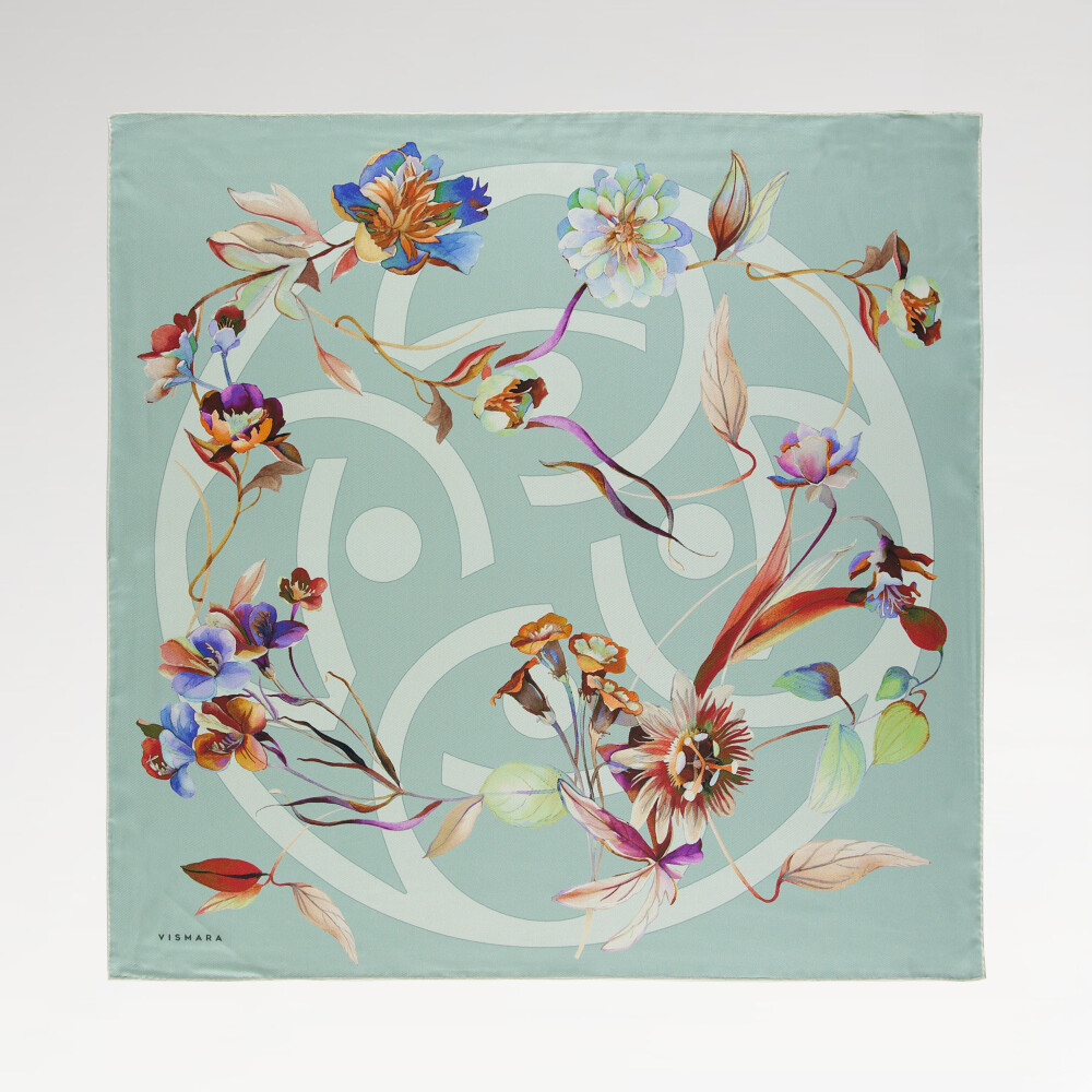 Aqua Green Flora Symbol Pattern Twill Silk Square Scarf
