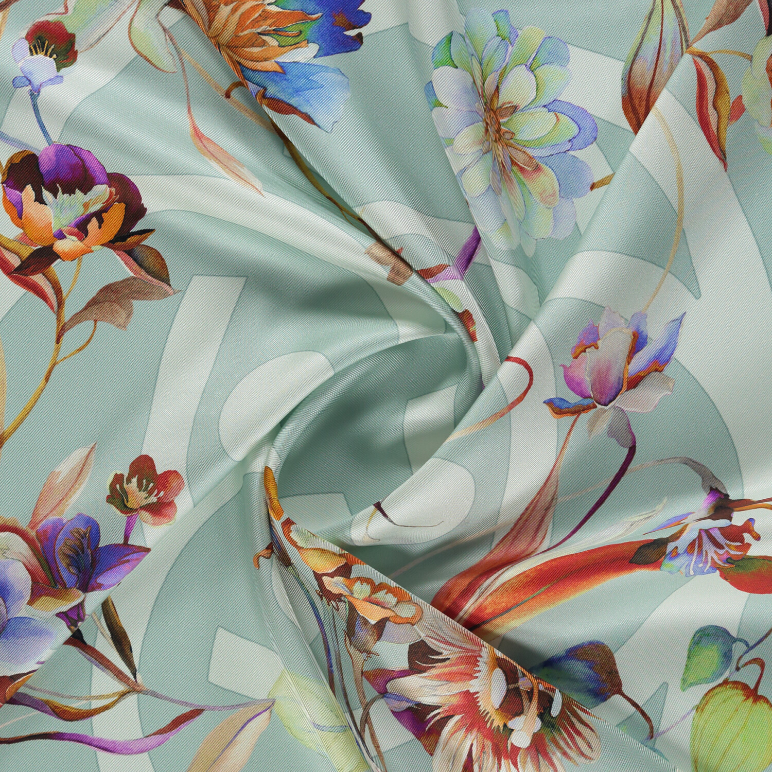 Aqua Green Flora Symbol Pattern Twill Silk Square Scarf - 2