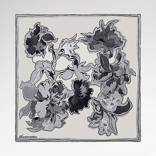 White Abstract Flora Patterned Twill Silk Square Scarf