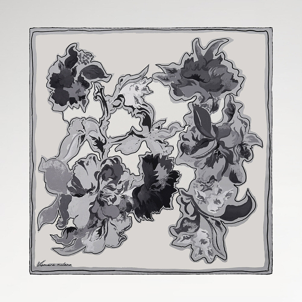 White Abstract Flora Patterned Twill Silk Square Scarf - 1