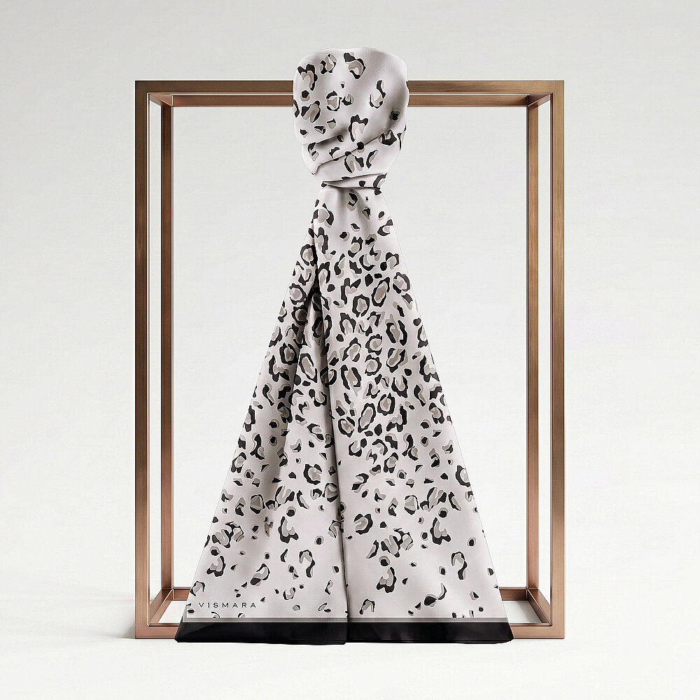 White Abstract Leopard Print Silk Scarf - 1