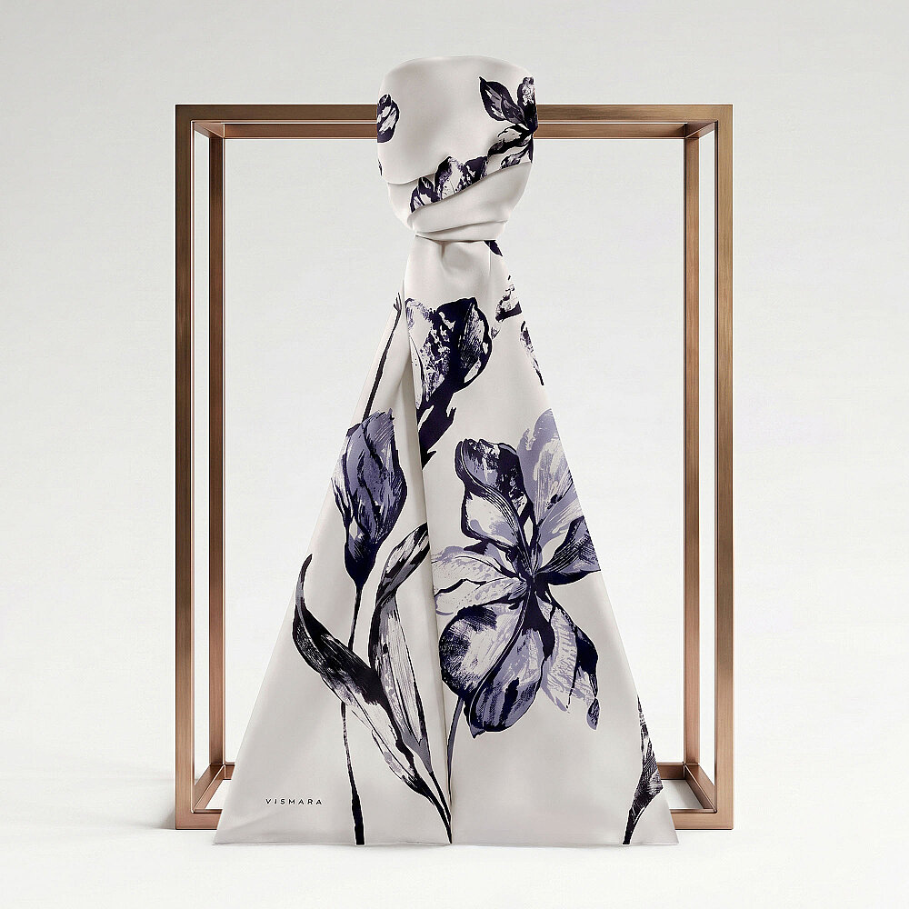 White Charcoal Lily Patterned Silk Scarf - 1