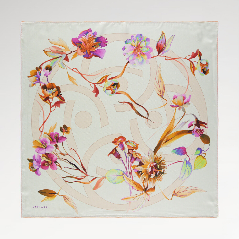 White Flora Symbol Pattern Twill Silk Square Scarf