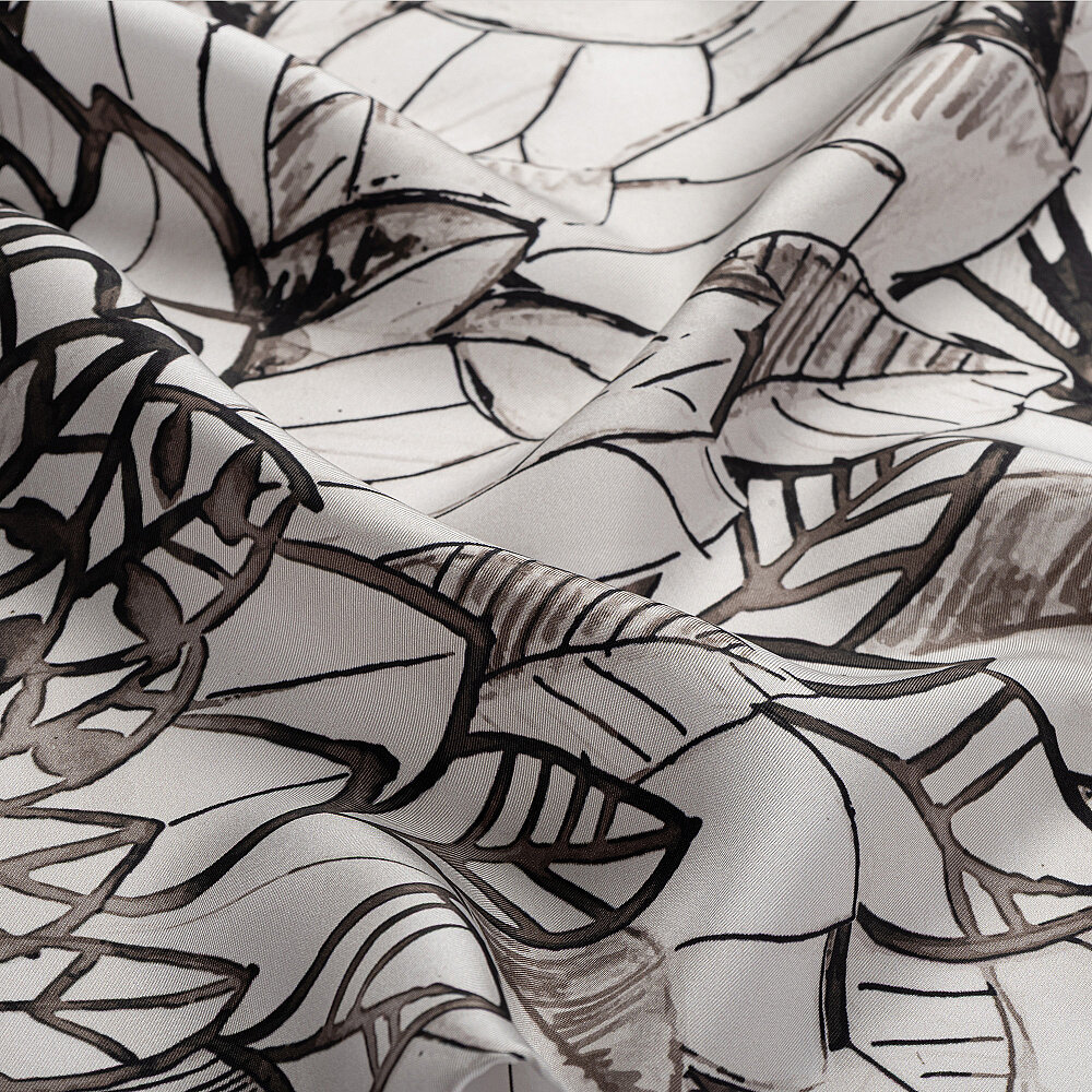 White Floral Leaf Pattern Twill Silk Square Scarf - 2