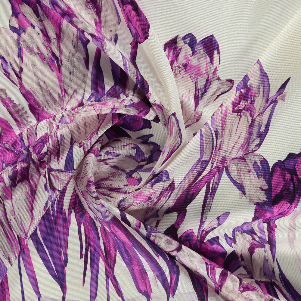 White Tulip Garden Pattern Twill Silk Square Scarf - Vismara