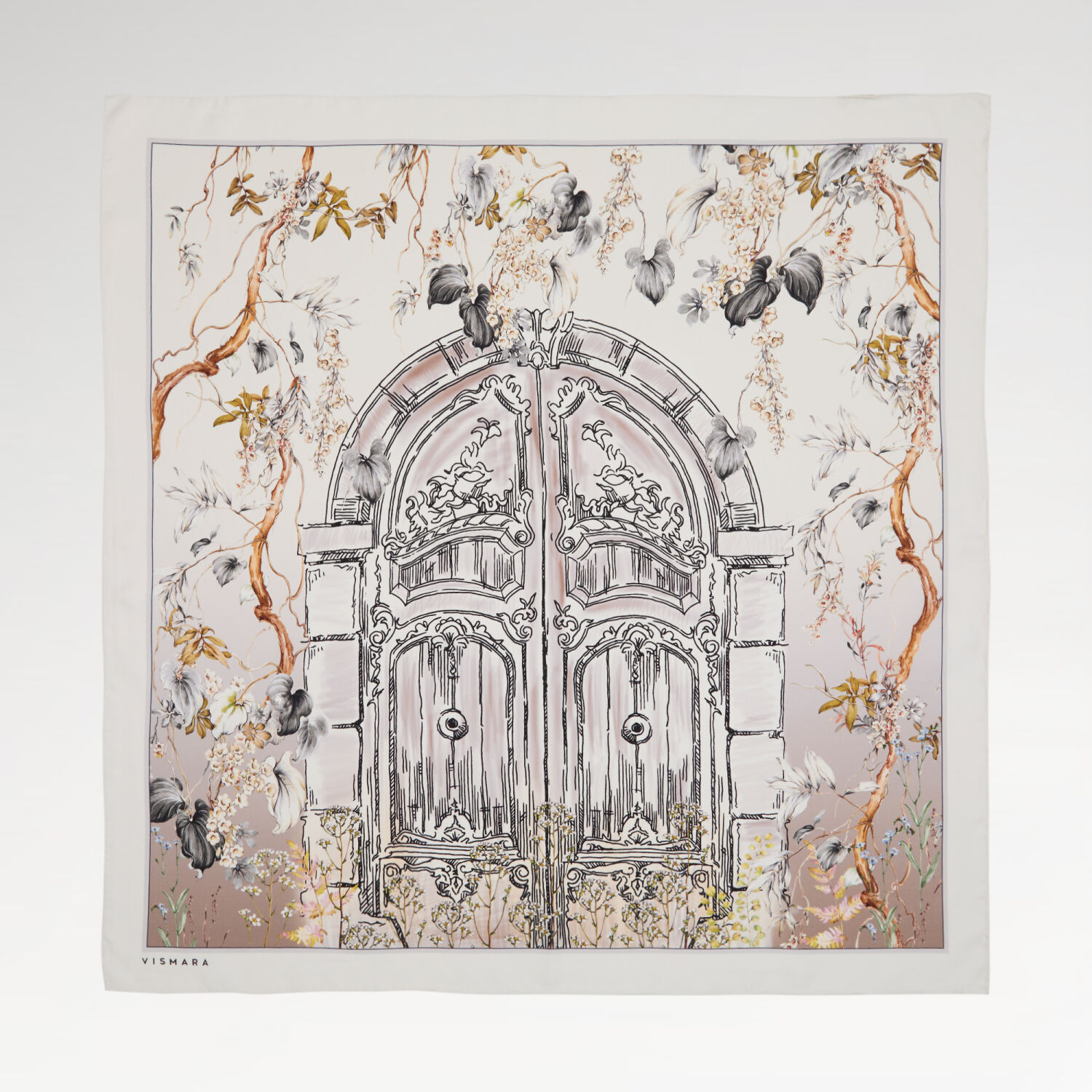 White Vintage Floral Door Pattern Twill Silk Square Scarf - 1