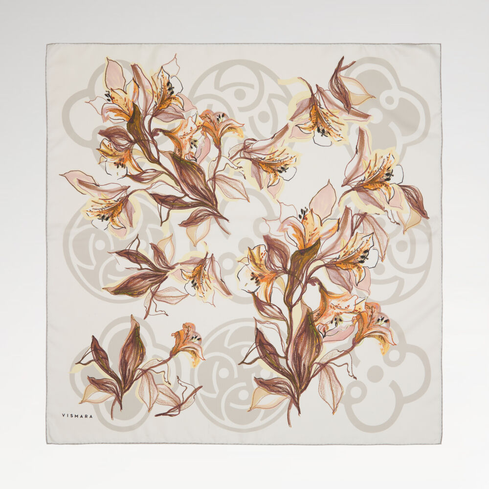 White Vismara Monogram Lily Flower Pattern Twill Silk Square Scarf