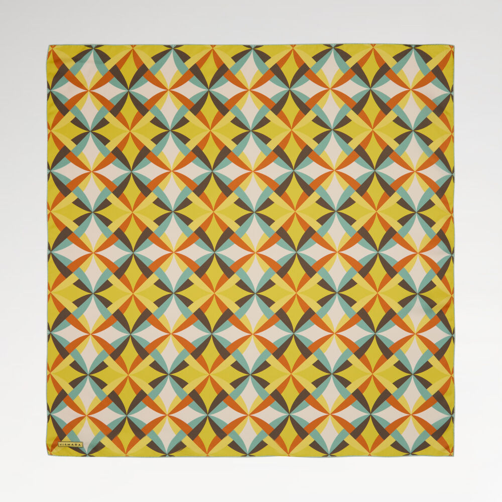 Yellow Antique Mosaic Patterned Twill Silk Square Scarf