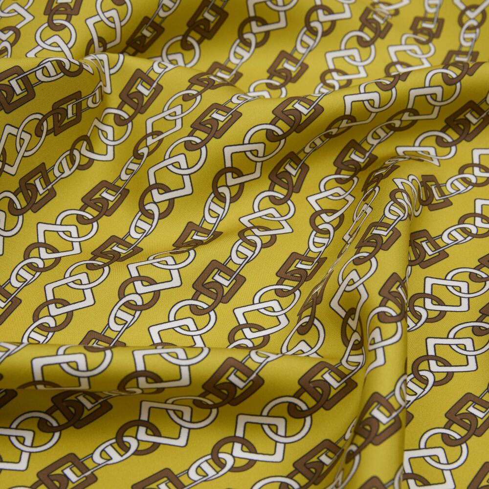 Yellow Chain Motif Patterned Twill Silk Square Scarf - Vismara