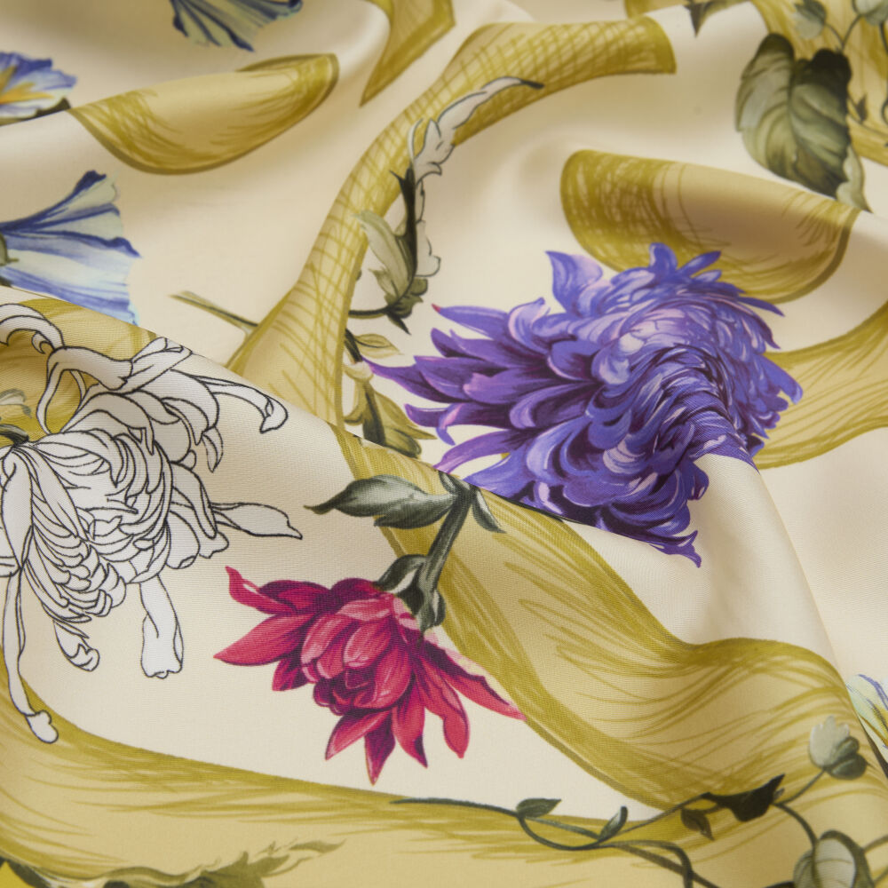 Yellow Flower Magic Patterned Twill Silk Square Scarf - Vismara