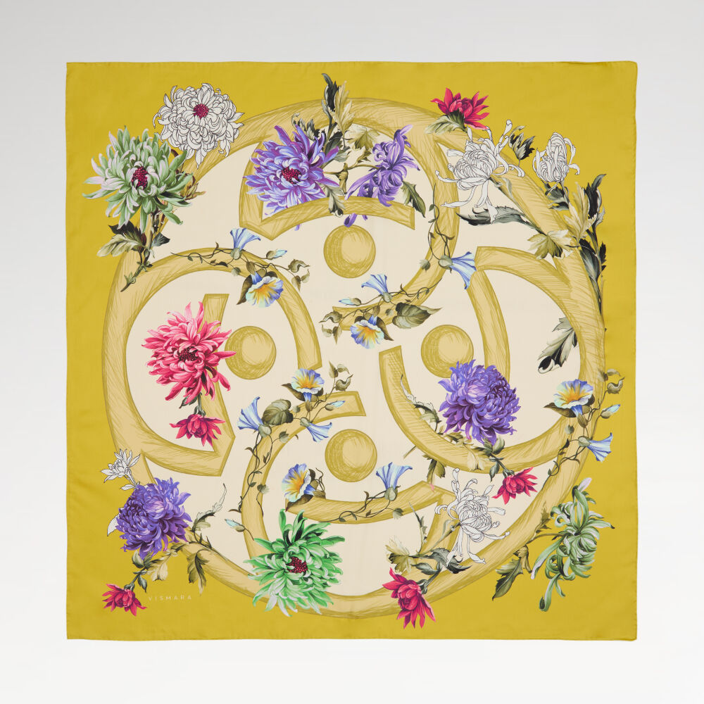 Yellow Flower Magic Patterned Twill Silk Square Scarf