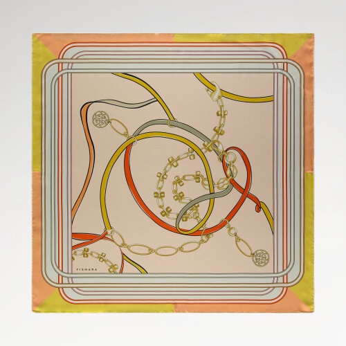 Yellow Monogram and Chain Patterned Silk Square Scarf